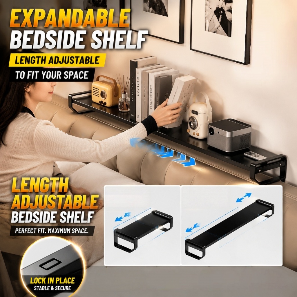ชั้นวางข้างเตียง ปรับความยาวได้ ไม่ต้องเจาะ ชั้นวางหัวเตียง ที่เก็บของ Bedroom Shelf Rack