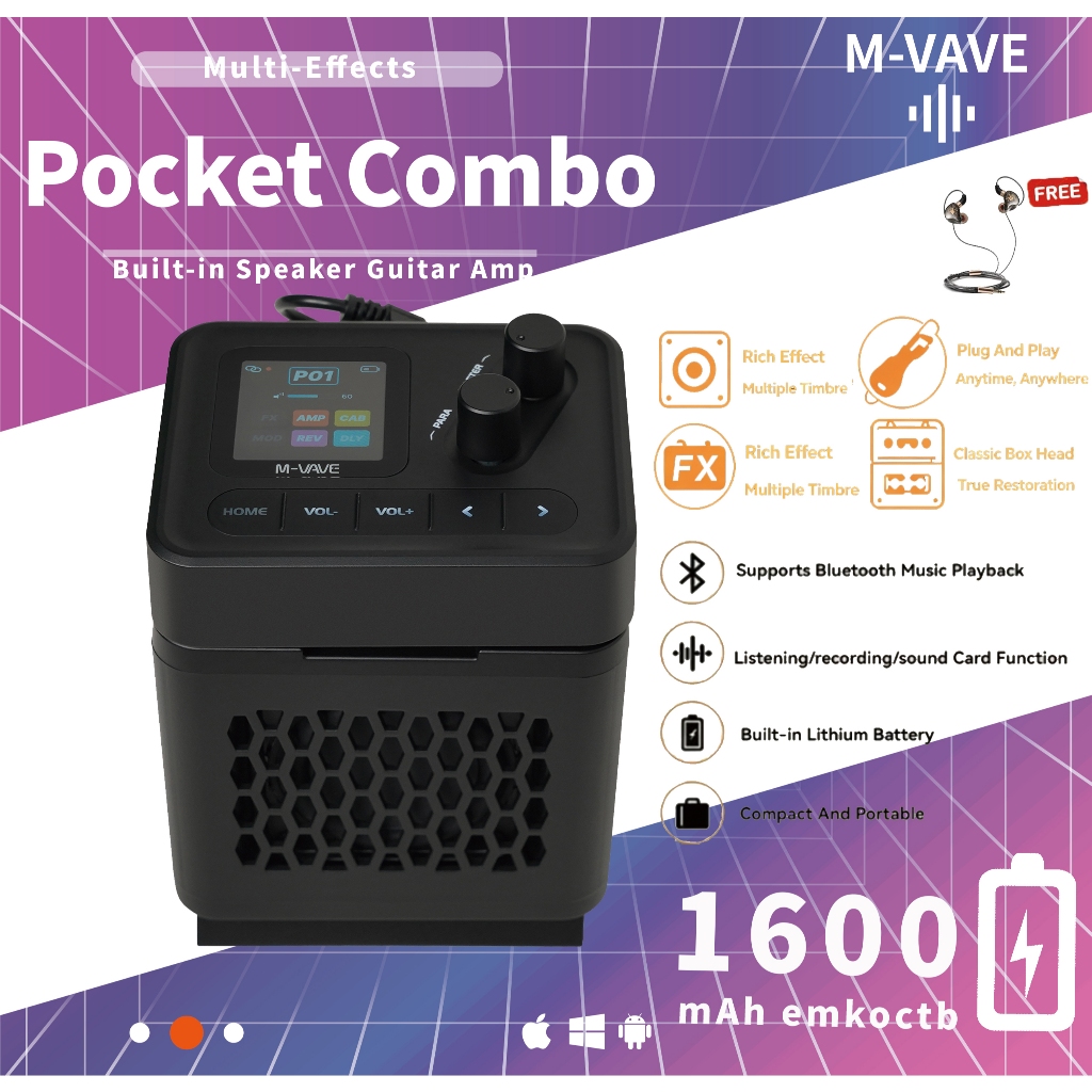 M-VAVE POCKET COMBO กีต้าร์พกพาและโปรเซสเซอร์มัลติเอฟเฟกต์พร้อมลําโพงแบบชาร์จไฟได้ในตัว