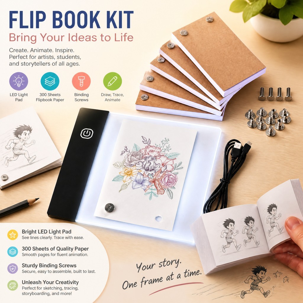 ※T►G Flip Book Kit with Mini Light Pad LED Lightbox Tablet Design with Hole 300 Sheets Flipbook Pape