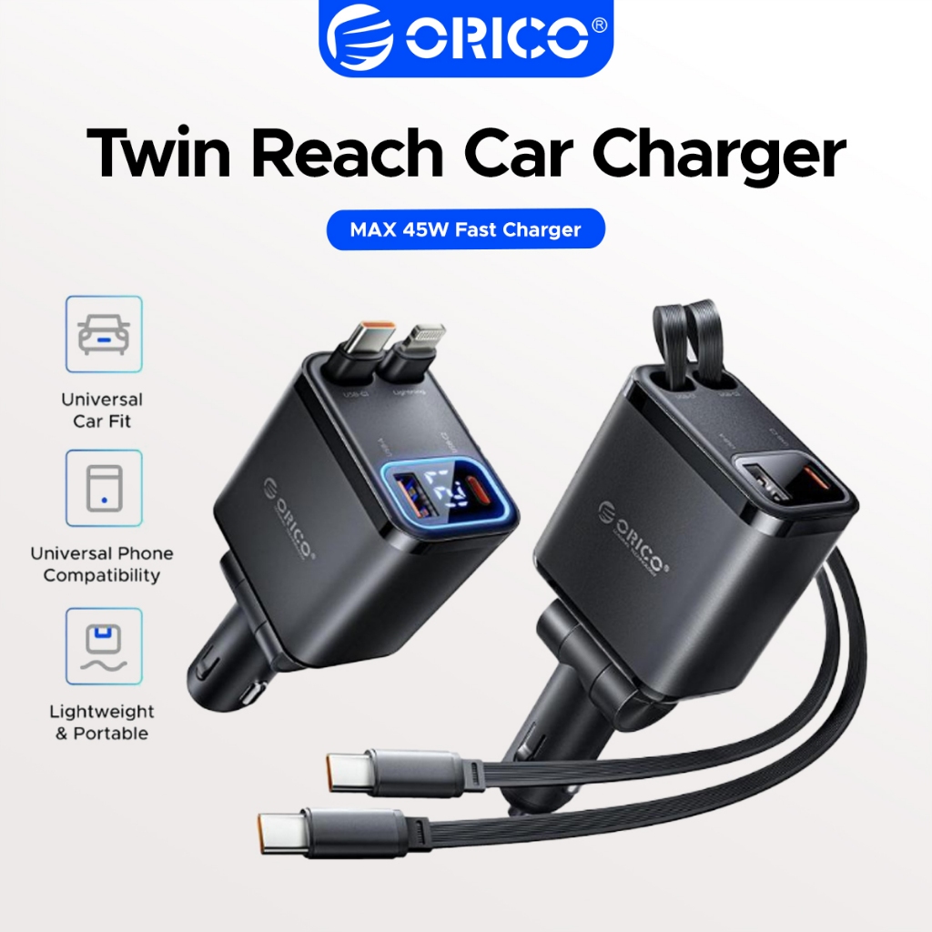 ORICO Twin Reach 45W Retractable Car Charger, 80 ซม.Dual ขยายสาย PD 30W Fast Charging, 4 พอร์ต USB-A