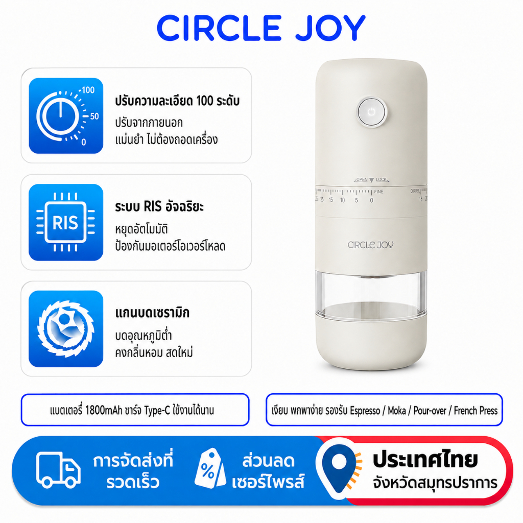 CIRCLE JOY เครื่องบดเมล็ดกาแฟไฟฟ้า CJ-DMDJ06 เซรามิคบด Core RIS ระบบเหนี่ยวนํา 100 ระดับภายนอกเครื่องเครื่องบดสําหรับ Home Travel