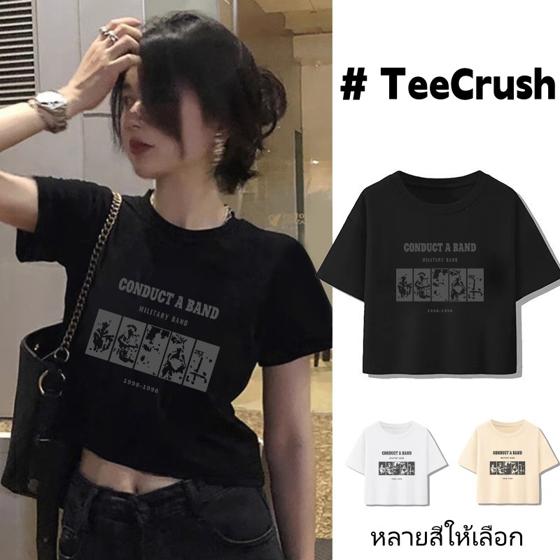 TeeCrush✨เสื้อยืดครอปท็อปลายวินเทจสุดเท่, เสื้อผู้หญิงฤดูร้อนลายแมวดำ ไหล่เปิดผ้าบาง ใส่สวยผอม สำหรับสาวอวบ