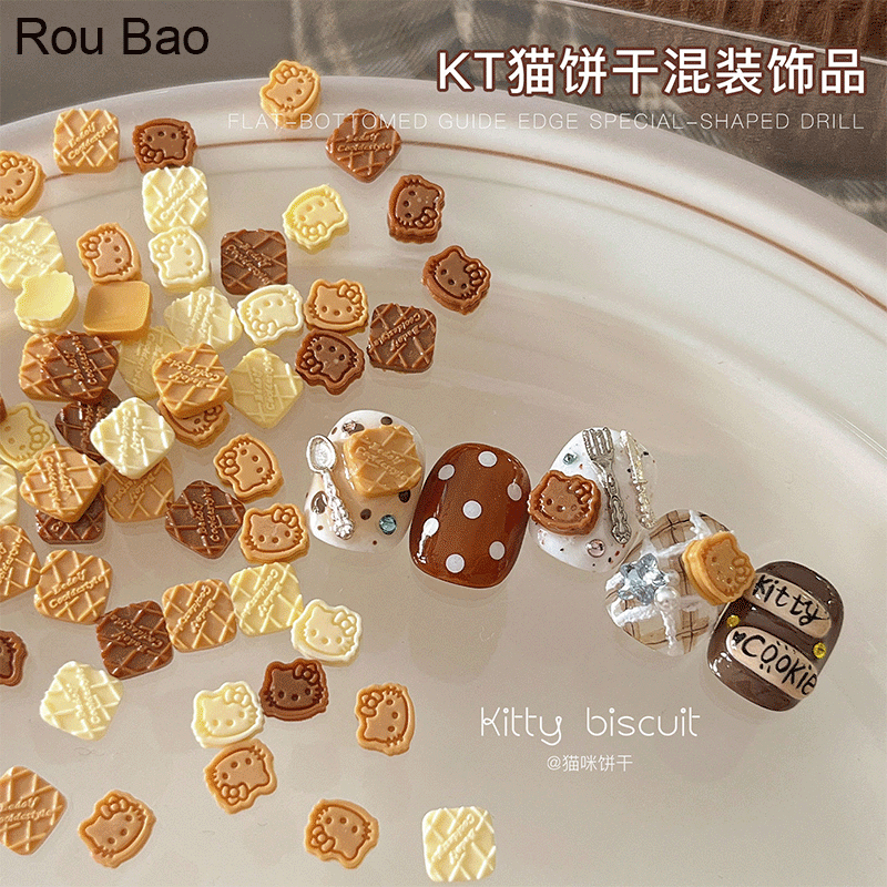 Rou Bao 50 ชิ้นเล็บน่ารัก Kitty Checkered บิสกิต Girly 3D เล็บ Art DIY Charms ตกแต่ง