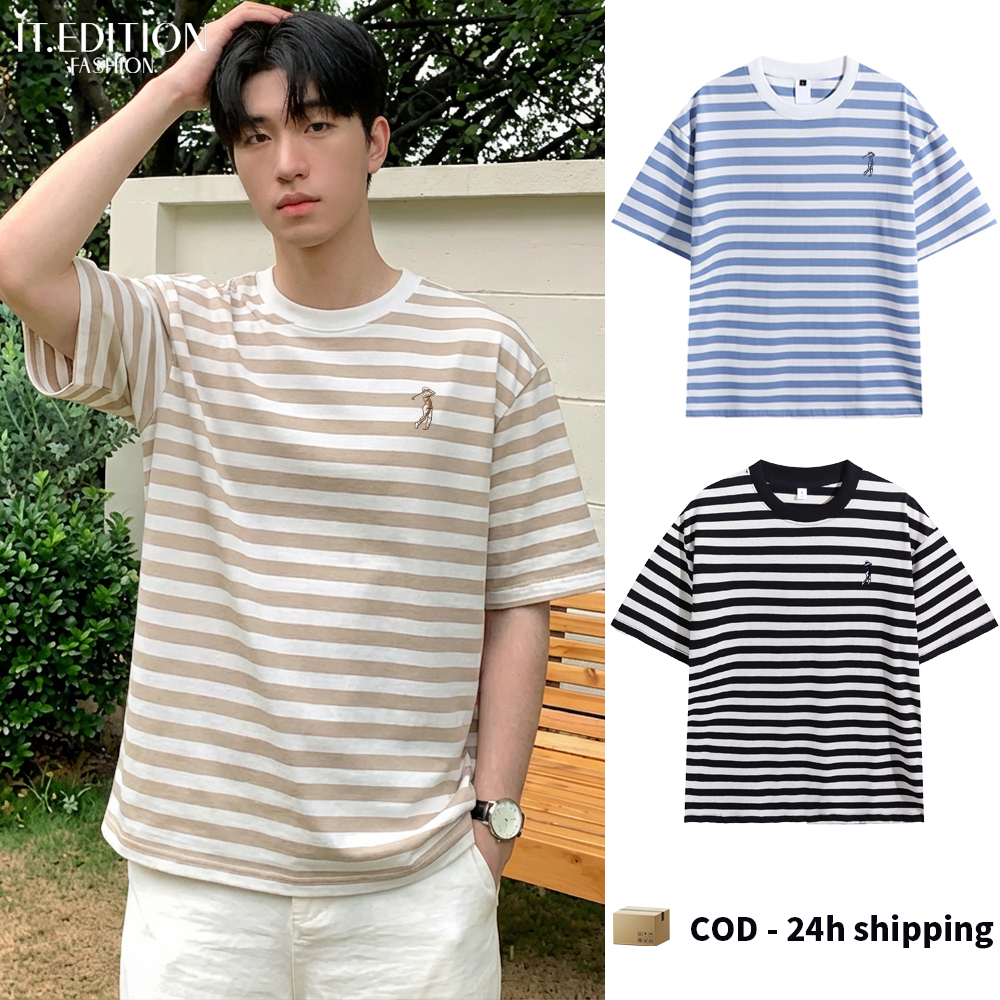 IT.EDITION เสื้อยืดแขนสั้นลายทางผู้ชาย ผ้าฝ้ายเกรดพรีเมียม ทรงหลวม สไตล์สตรีทแคชชัวล์