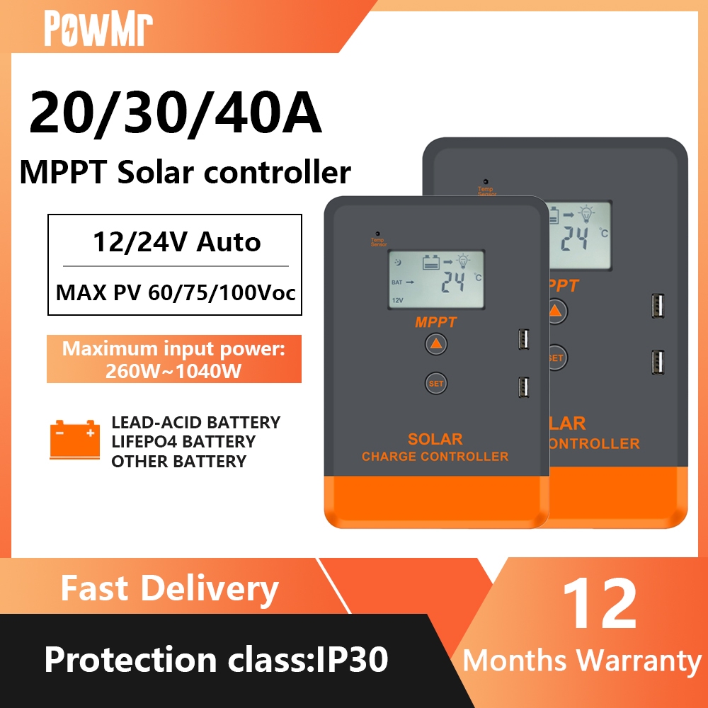 PowMr MPPT ตัวควบคุมเครื่องชาร์จพลังงานแสงอาทิตย์ 20A 30A 40A 12V 24V ตัวควบคุมแผงโซลาร์เซลล์จอแสดงผล LCD โหมดควบคุมโหลดต่างๆรองรับแบตเตอรี่ลิเธียม