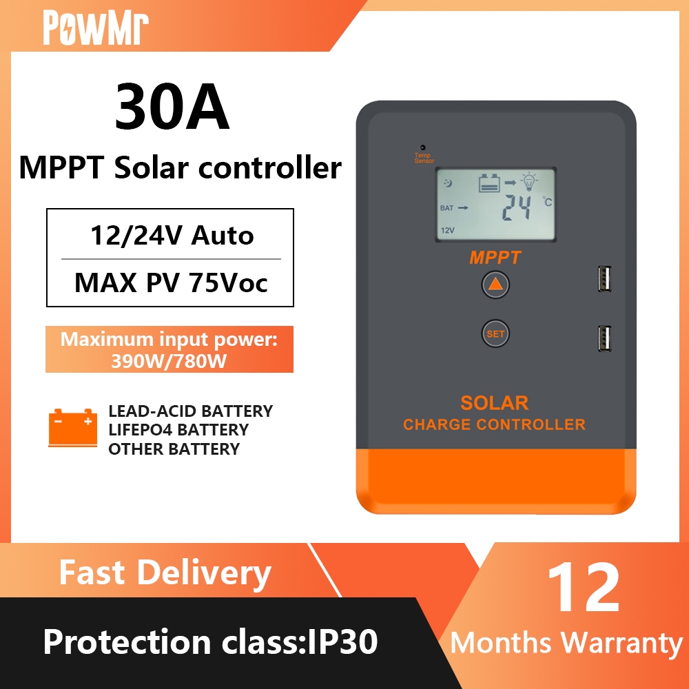 [ร้านค้าอย่างเป็นทางการ] PowMr MPPT 30A ตัวควบคุมการชาร์จพลังงานแสงอาทิตย์สําหรับแบตเตอรี่ 12V/24V พร้อมการตรวจจับอัตโนมัติแรงดันไฟฟ้าอินพุตสูงสุด 75Voc จอแสดงผล LCD พอร์ตชาร์จ USB 2x5A One-