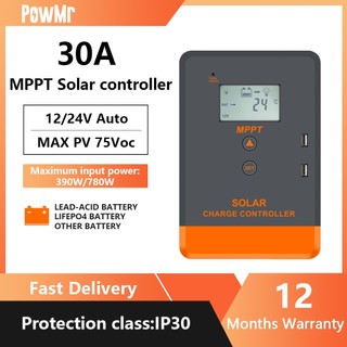 [ร้านค้าอย่างเป็นทางการ] PowMr MPPT 30A ตัวควบคุมการชาร์จพลังงานแสงอาทิตย์สําหรับแบตเตอรี่ 12V/24V พร้อมการตรวจจับอัตโนมัติแรงดันไฟฟ้าอินพุตสูงสุด 75Voc จอแสดงผล LCD พอร์ตชาร์จ USB 2x5A One-