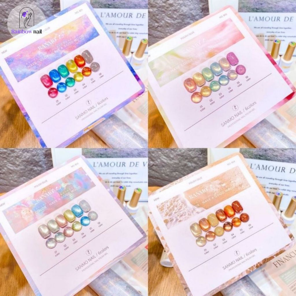 SANMO ชุดยาทาเล็บเจล 6 สี สีเจลแฟลช สีเจลแคทอาย เจลกลิซเตอร์ Cat's Eye Glass Beads+Broken Diamond Fine Glitter(บัตรสีฟรี)พร้อมส่ง