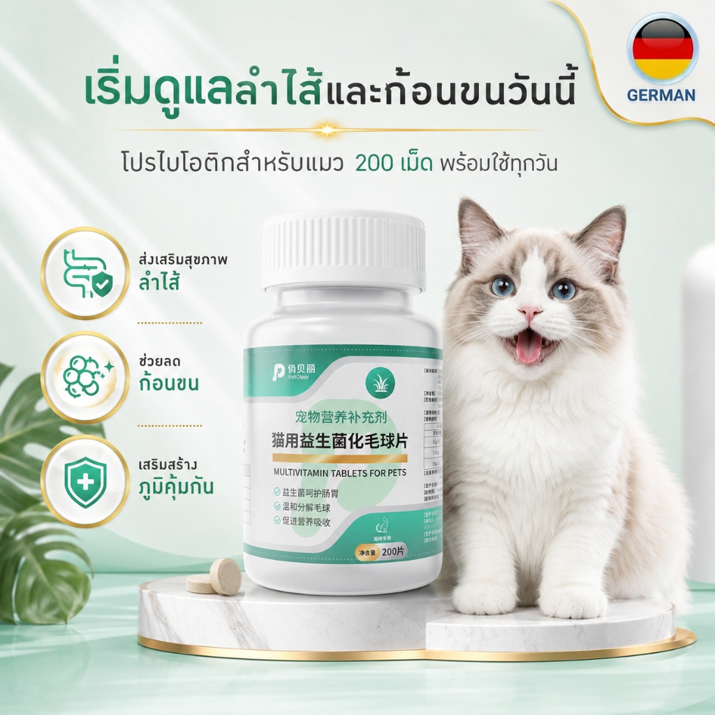 เม็ดวิตามินแมว 0.3 กรัม x 200 เม็ด ช่วยการย่อยและดูดซึมสารอาหาร