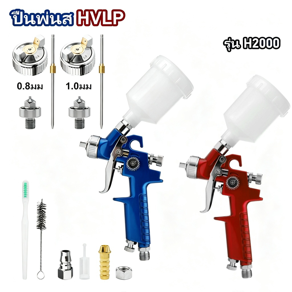 ปืนพ่นสี HVLP H2000 Mini Spray Gun 125ml Cup Nozzle 0.8/1.0mm พร้อมอุปกรณ์ครบชุด