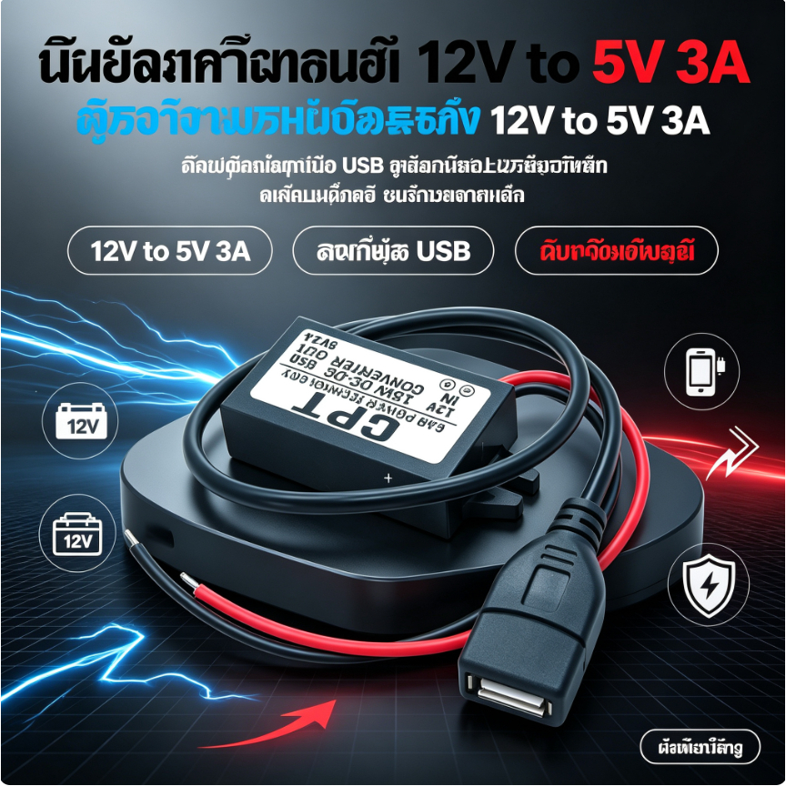 วงจรแปลงไฟรถยนต์ 12V to 5V 3A พร้อมพอร์ต USB แปลงไฟใช้งานง่าย ปลอดภัย มีระบบป้องกัน