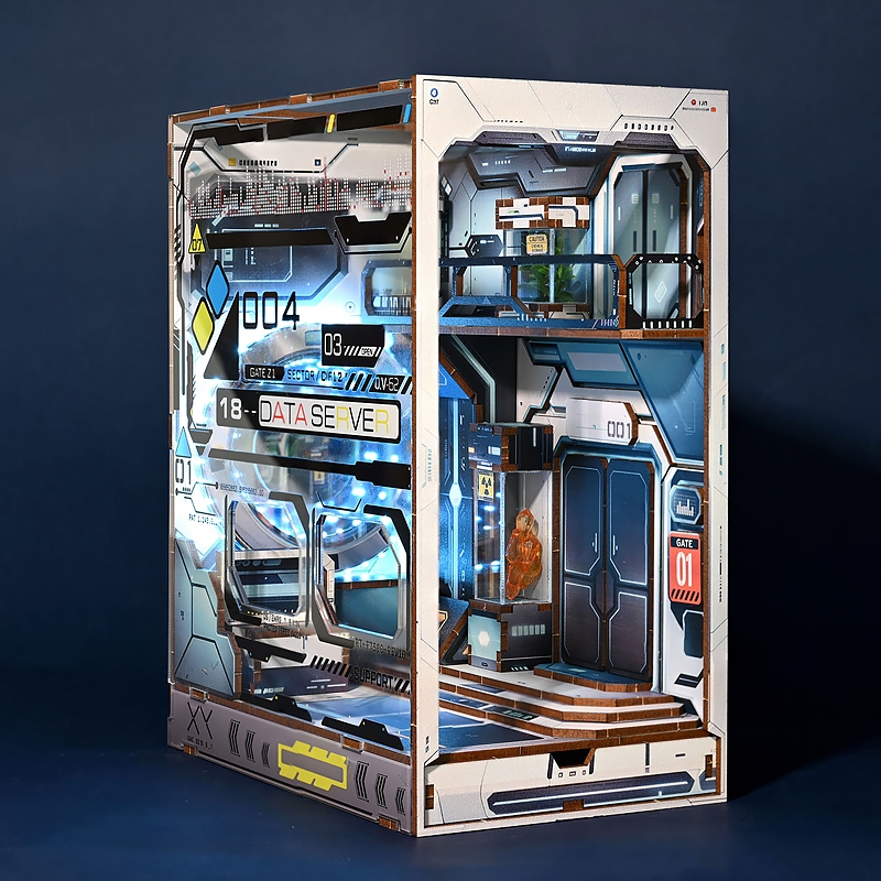 DIY หนังสือไม้ Nook ชั้นวางแทรกบ้านตุ๊กตาชุด Sci-fi Alien Hub ชั้นวางหนังสือประกอบ Bookend ตุ๊กตาของ