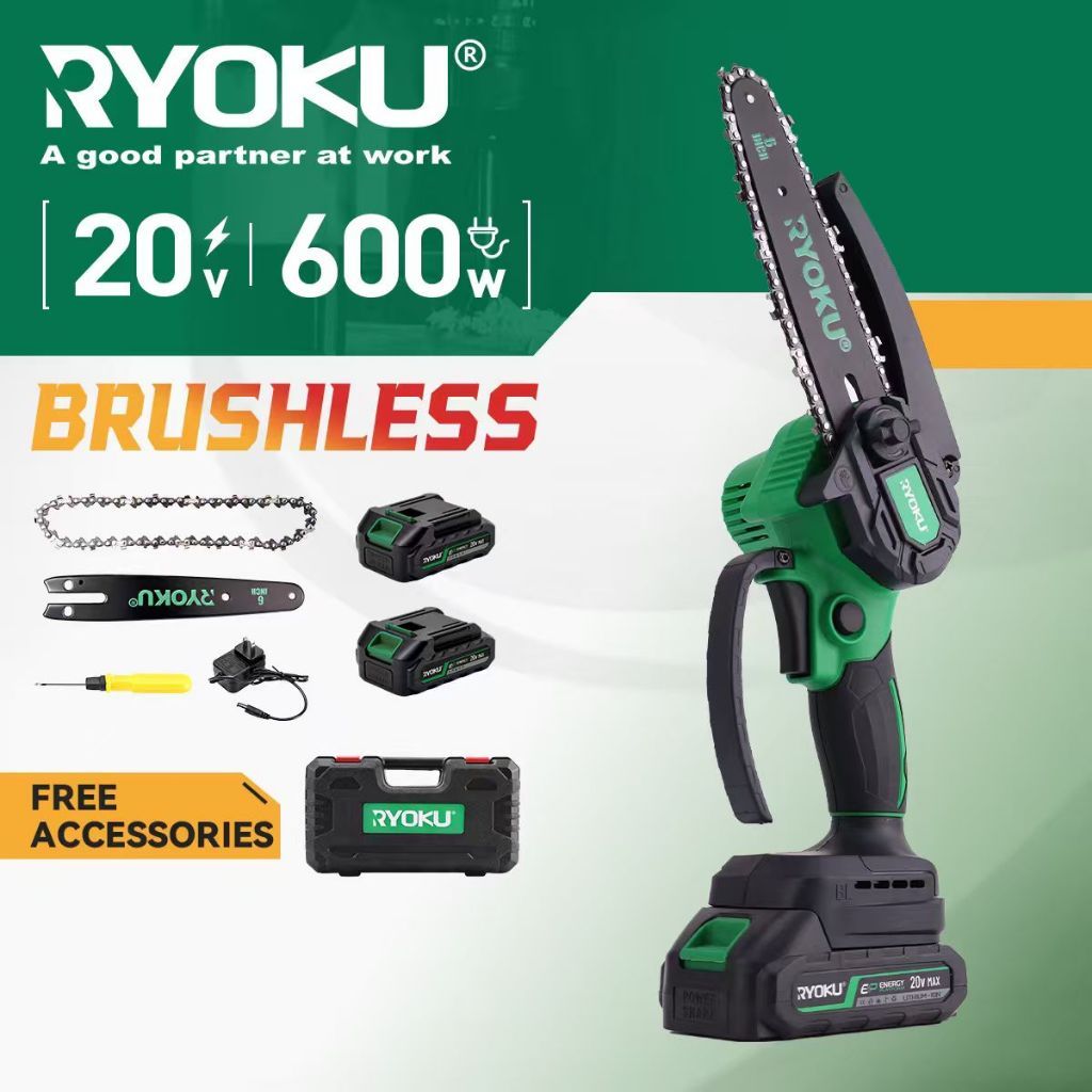 RYOKU เลื่อยไฟฟ้า 6 นิ้ว พร้อมแบตเตอรี่ 2 ก้อน 20V แบบพกพา