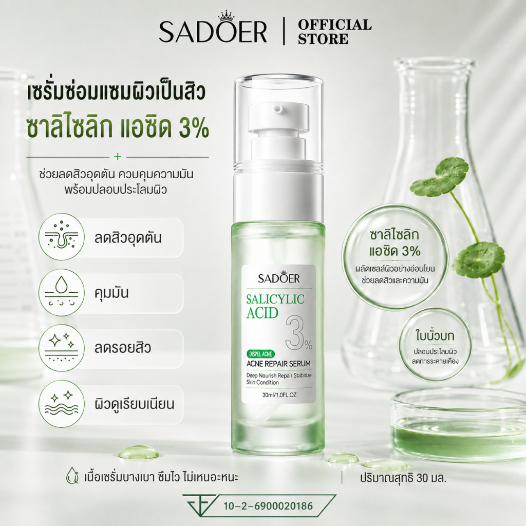 SADOER3% ซาลิไซลิก แอซิด แอคเน่ เซรั่ม ช่วยลดขนาดรูขุมขนและปรับสภาพผิวที่เป็นสิวง่ายและรอยแผลเป็นจากสิว