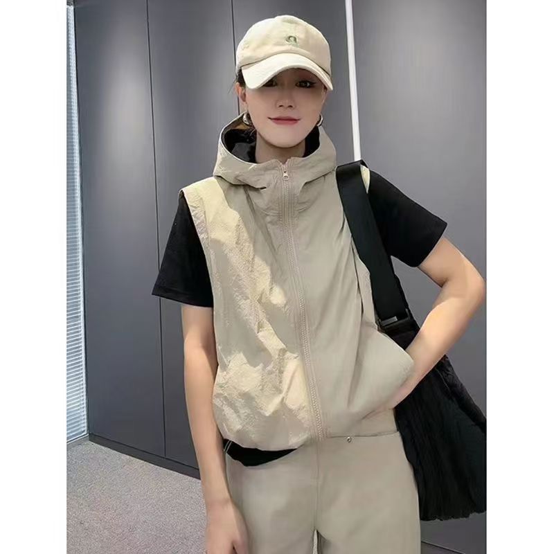 คลุมด้วยผ้าธรรมดาเสื้อกั๊กผู้หญิงฤดูใบไม้ร่วงเกาหลีหลวมคลุมด้วยผ้าบางเสื้อกั๊ก
