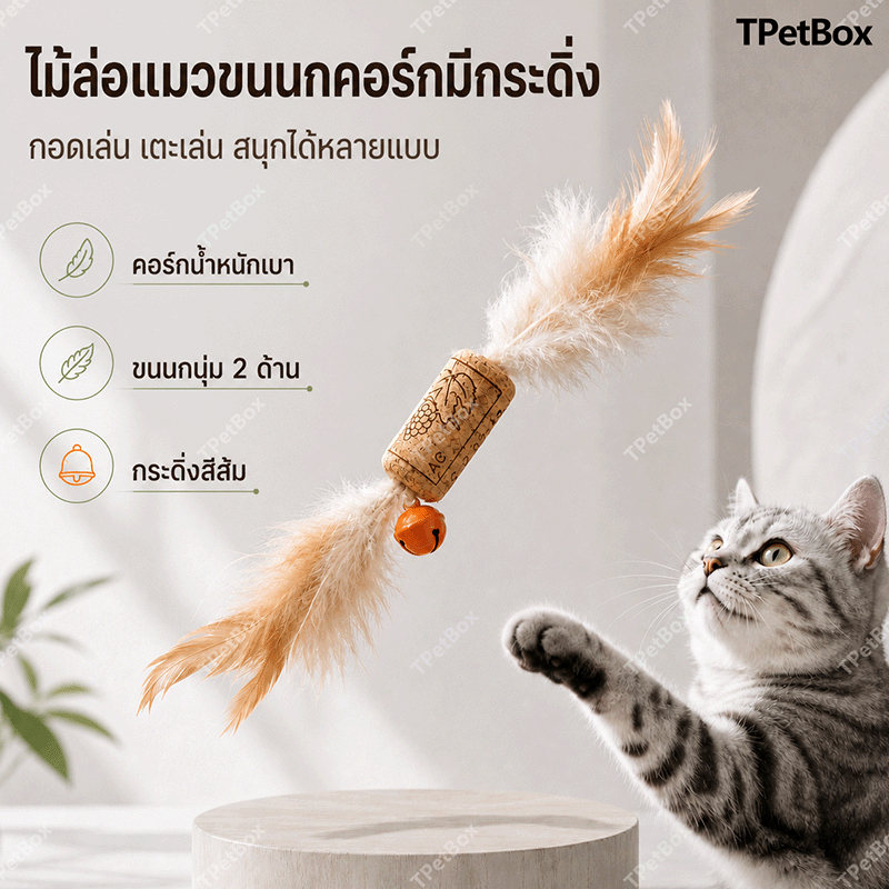 พร้อมส่ง! ไม้ตกแมวหัวจุกไวน์ ขนนกธรรมชาติและกระดิ่ง แมวเล่นเองได้ แก้เบื่อ ทนทานต่อการกัด ของเล่นเสริมพัฒนาการ ปลอดภัย