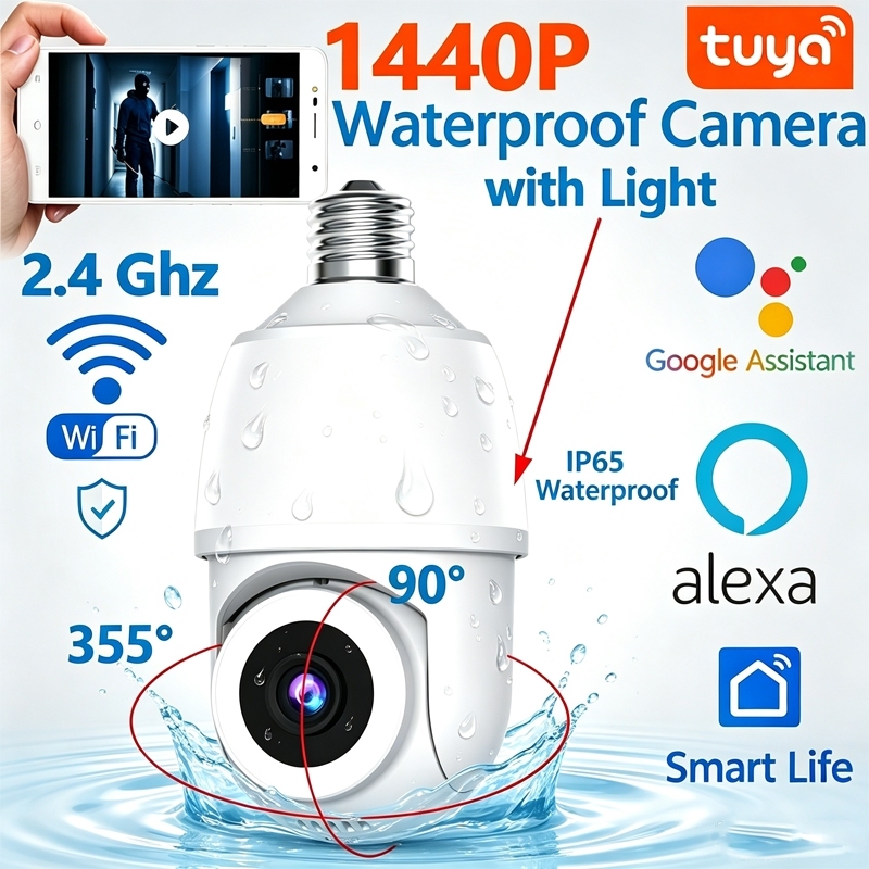 กล้องวงจรปิด Tuya ขั้วหลอด E27 ความละเอียด 3MP 2K HD หมุนแพน 355° เอียง 90° PTZ WiFi IP กันน้ำ IP65 ระบบกลางคืนแสงคู่ เสียงสนทนาสองทาง แจ้งเตือนเมื่อตรวจจับการเคลื่อนไหว สำหรับเฝ้าดูบ้านและกลางแจ้ง