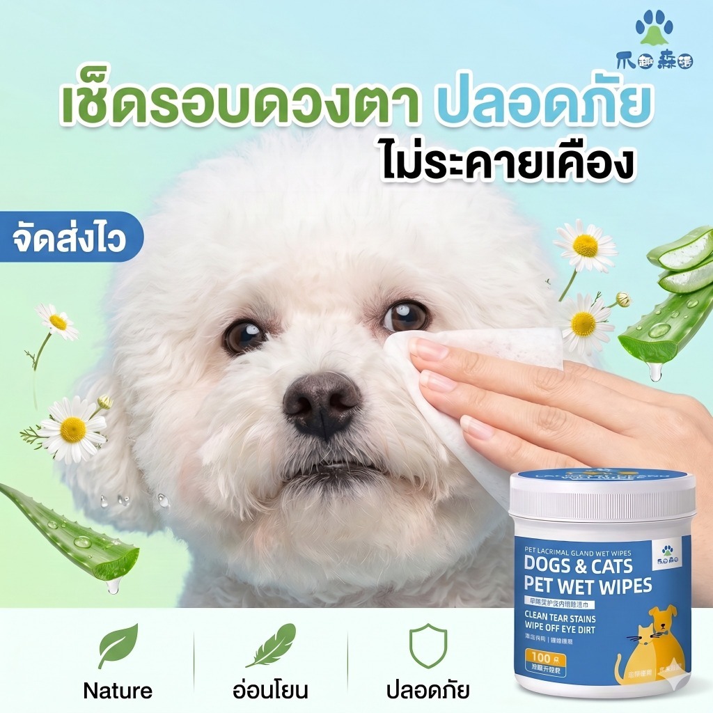 แผ่นเช็ดตาหมาแมว ขจัดคราบน้ำตาฝังลึก ลดเชื้อราและแบคทีเรีย เช็ดขี้ตาแข็งหลุดง่าย ธรรมชาติ ปลอดภัย ไม่ระคายเคืองตา 100ชิ้น