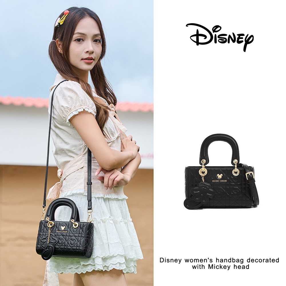 Disney ของแท้ Mickey Mouse กระเป๋าถือโทteil ลาย-quilting สีดำ สำหรับผู้หญิง พกพาสะดวก สามารถถือหรือสะพายได้