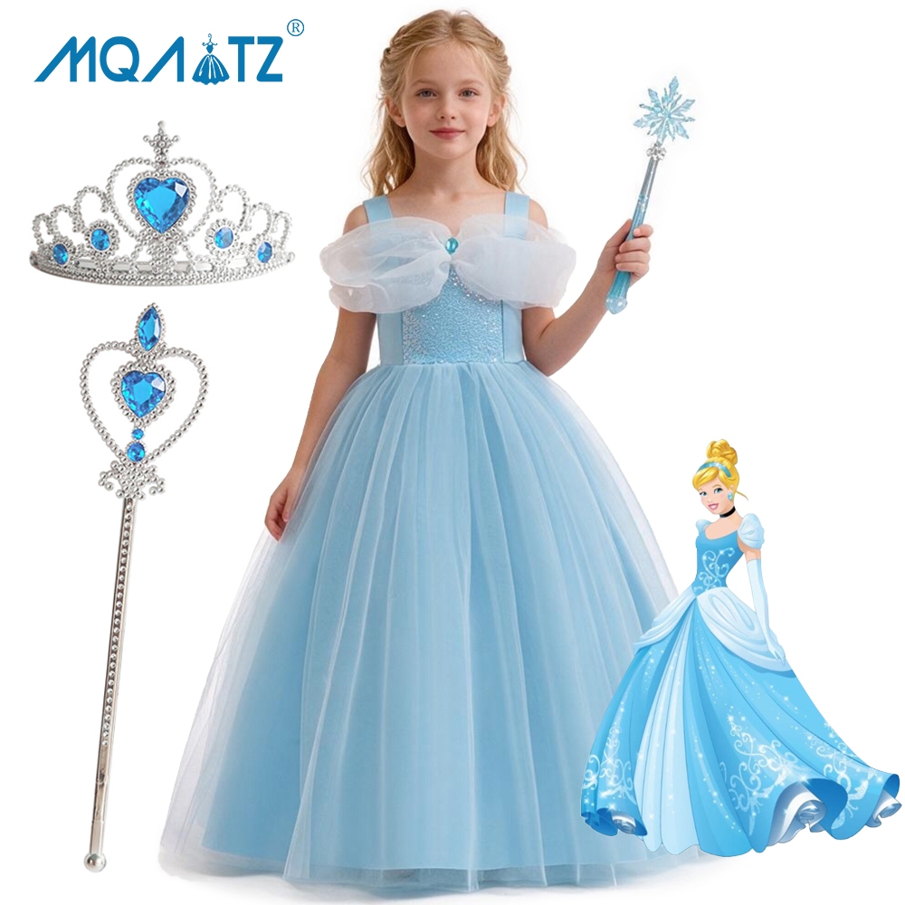 MQATZ ฮาโลวีนเด็กสาวสีฟ้าเจ้าหญิงคอสเพลย์ชุดปิดไหล่ Tulle ชุดเดรสยาวสําหรับงานเลี้ยงวันเกิดแฟนซีชุด 