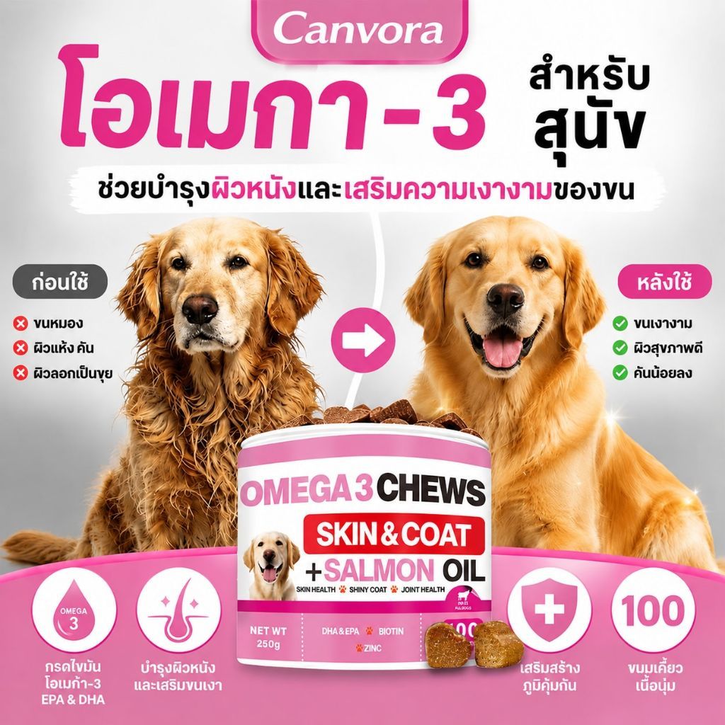 Canvora โอเมก้า อาหารเสริมสุนัข ขนมสำหรับสุนัขและแมว ผิวหนังและขน Silky Fur Dog Treats Snack ขนมสุนัข อาหารสุนัข for Healthy Shiny Coat 250g