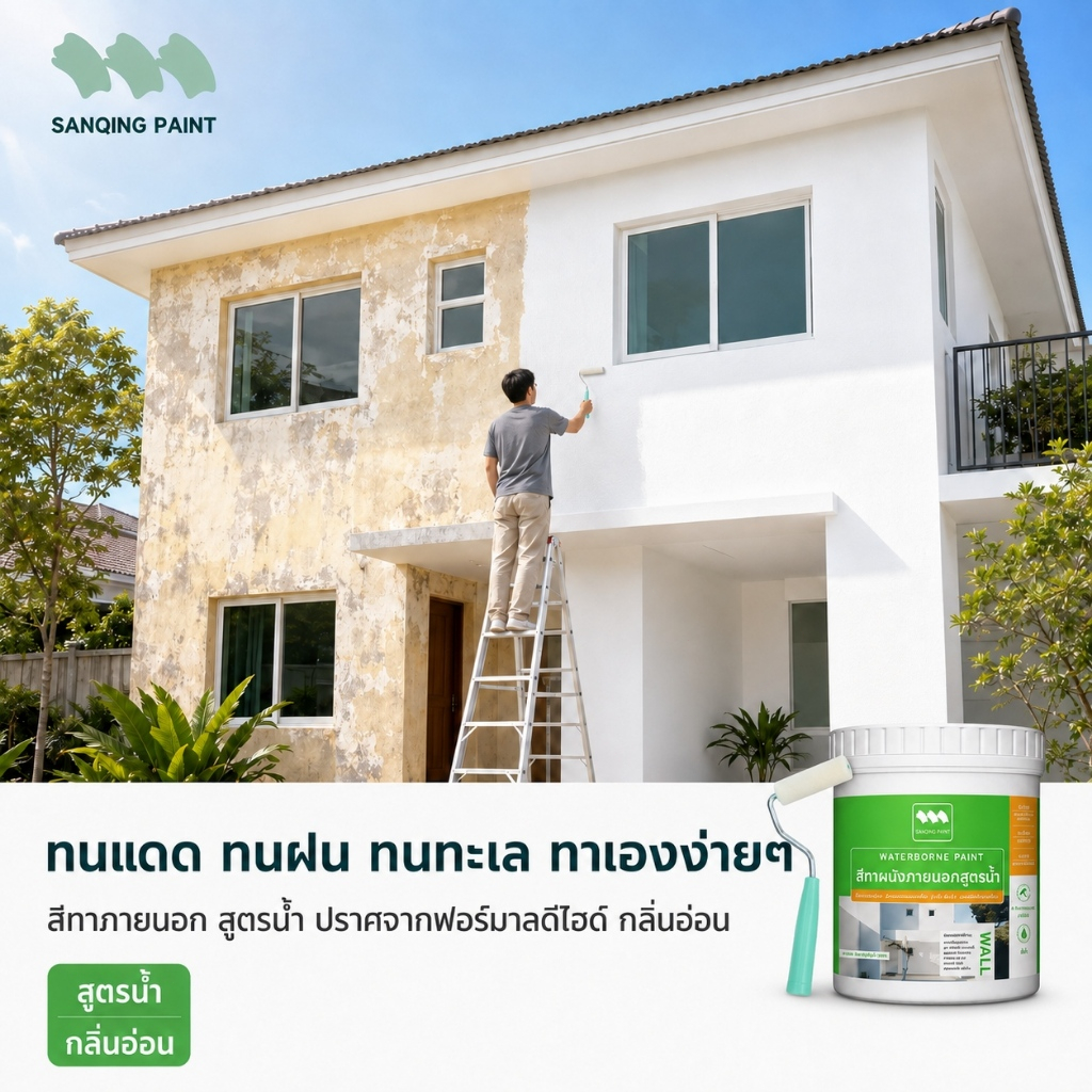 SANQING สีทาบ้าน สีทาภายนอก สีอะคริลิค กันน้ำ กันแดด กันเชื้อรา ทน UV ใช้ได้กับผนังปูน รั้วบ้าน อาคารภายนอก ไม่ลอก ไม่ซีด