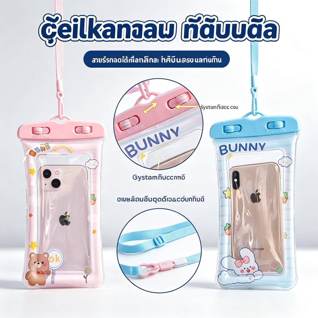 กระเป๋ากันน้ำมือถือ กันน้ำ IPX8 สัมผัสหน้าจอได้ เป่าลอยน้ำได้ ลายการ์ตูนน่ารัก มีสายคล้องคอ รองรับหน