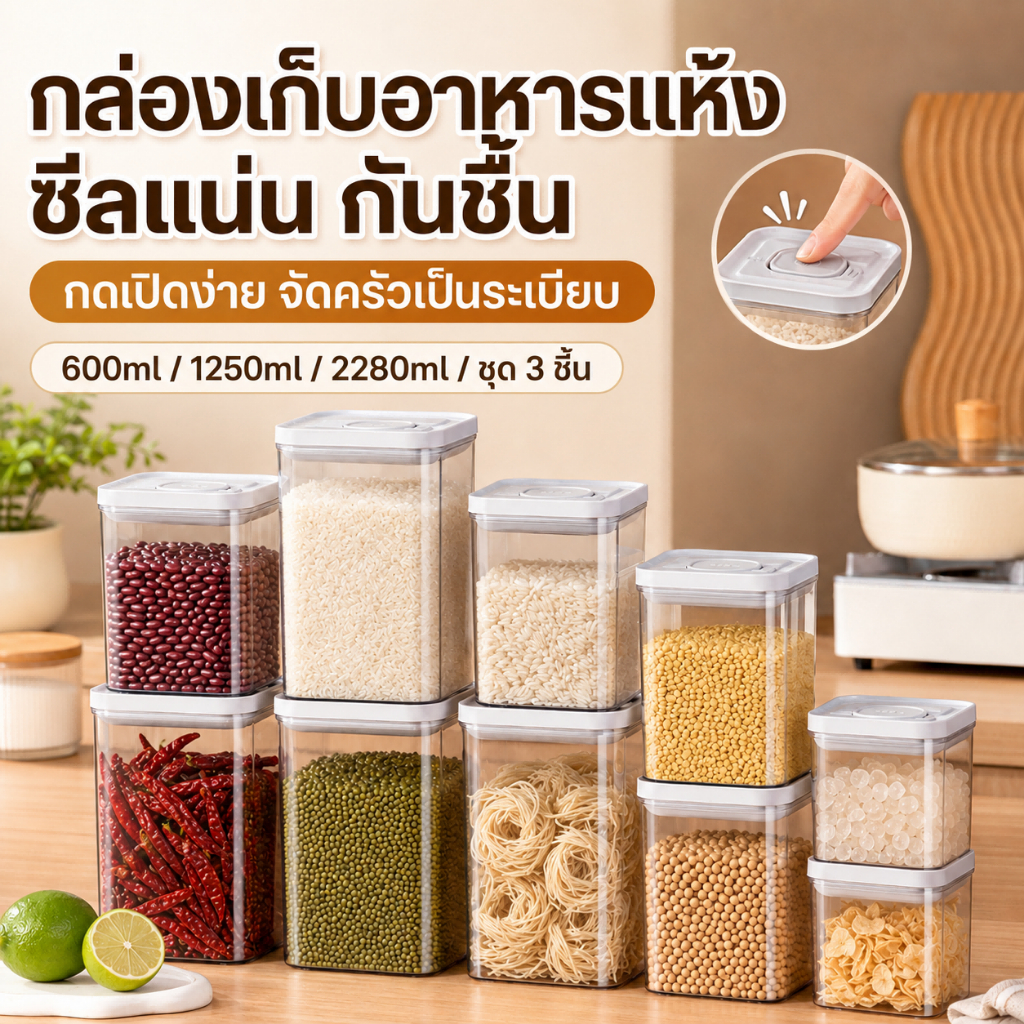 กล่องถนอมอาหารสูญญากาศใส 600ml / 1250ml / 2280ml และเซต 3 กล่อง สำหรับจัดตู้เย็น