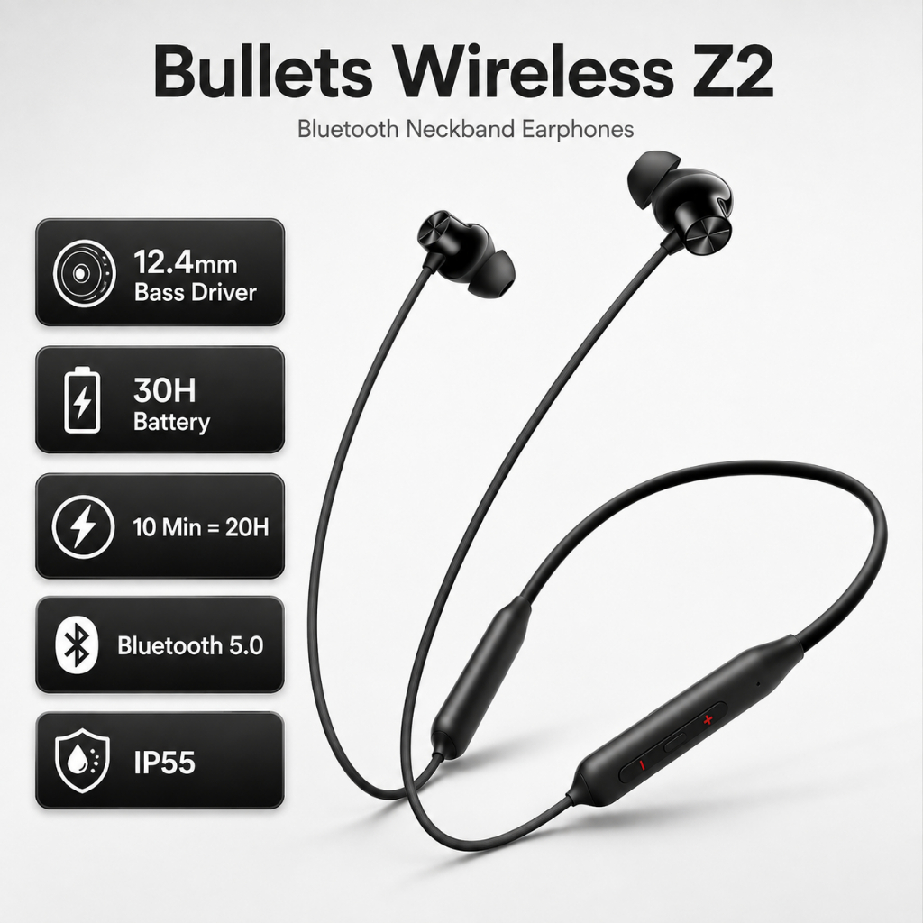 OnePlus Bullets Wireless Z2 หูฟังบลูทูธแบบคล้องคอ – ไดรเวอร์เบส 12.4 มม., แบตเตอรี่ 30H, ชาร์จเร็ว, 