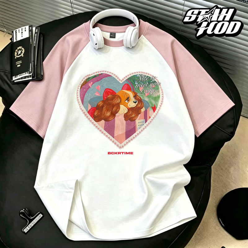 STAHOOD เสื้อยืดผู้หญิงสไตล์เกาหลีวินเทจ หมาหูยาวสีน้ำมันหัวใจ เสื้อแขนสั้นทรงหลวมสไตล์ลำลอง เสื้อท็อปผู้หญิง #YG507