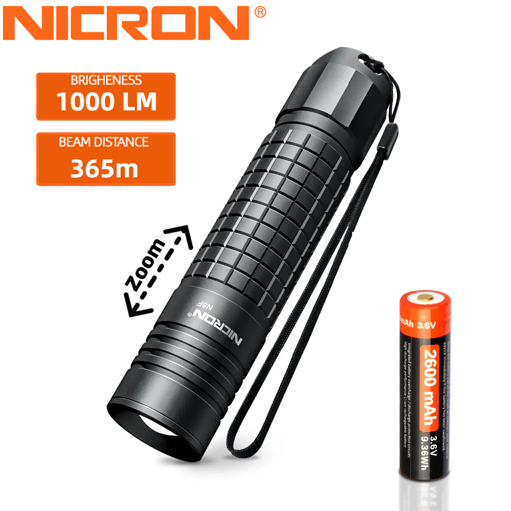 ไฟฉาย LED NICRON รุ่น N8F ความสว่างสูงสุด 1000 ลูเมน ระยะส่องไกล 365 เมตร ความเข้มแสง 33750 แคนเดิล ปรับโฟกัสซูมได้ กันน้ำ IP65 เหมาะเดินป่า ขี่จักรยาน ทำงาน และใช้ในบ้าน