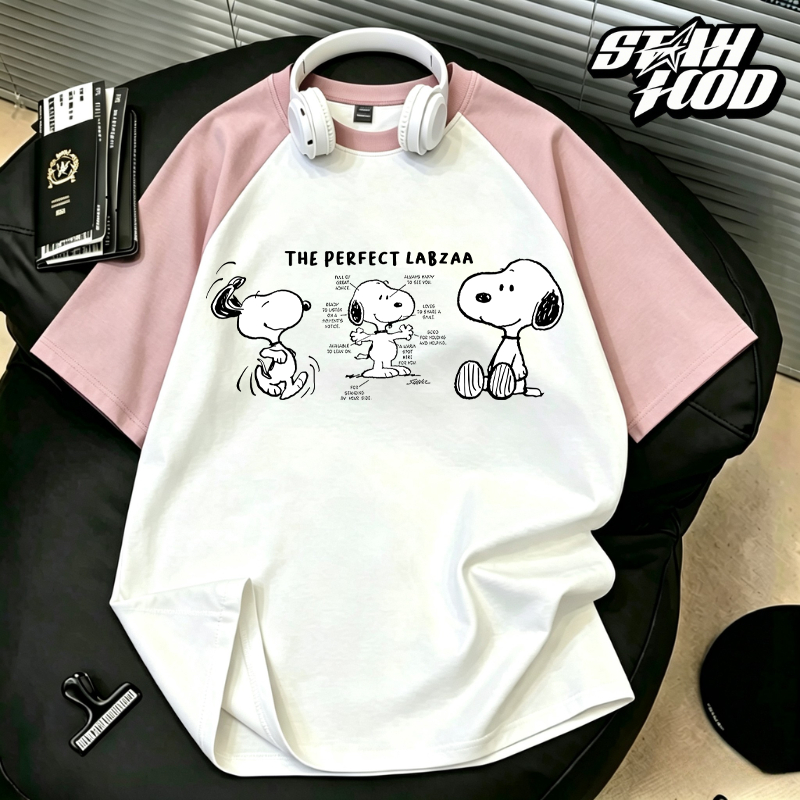 STAHOOD เสื้อยืดผู้หญิงสไตล์เกาหลีวินเทจ ผ้าฝ้าย 100% SNOOPY วินเทจลายเส้น ทรงหลวม ใส่สบาย #YG514