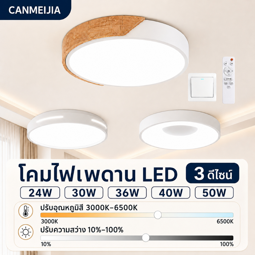 กรอบโลหะ โคมไฟเพดาน LED โมเดิร์น ทรงกลม รีโมทคอนโทรล ปรับสีแสง 3 สี 24W30W36W40W50W ปรับความสว่างได้ โคมไฟห้องนอน ห้องนั่งเล่น