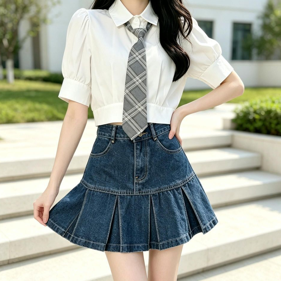 Laterme S-6XL กระโปรงยีนส์จีบกระดุมคู่เอวสูง, กระโปรงมินิเย็บทรงเอสีน้ําเงินเข้มวินเทจ