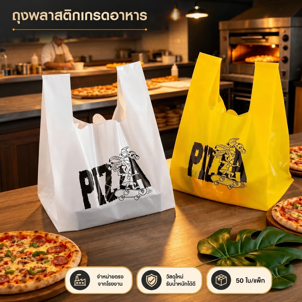 แต่ละแพ็คมีถุงพลาสติก 50 ชิ้น / ถุงพิซซ่า / กระเป๋าหิ้ว Takeaway / เหมาะสำหรับกล่องพิซซ่า