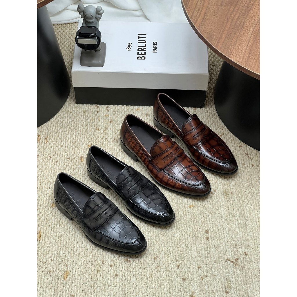 ผู้ชาย Croc นูน Penny Loafers Slip-On Low Block Heel รองเท้า Vintage Burnished หนังอย่างเป็นทางการสํ