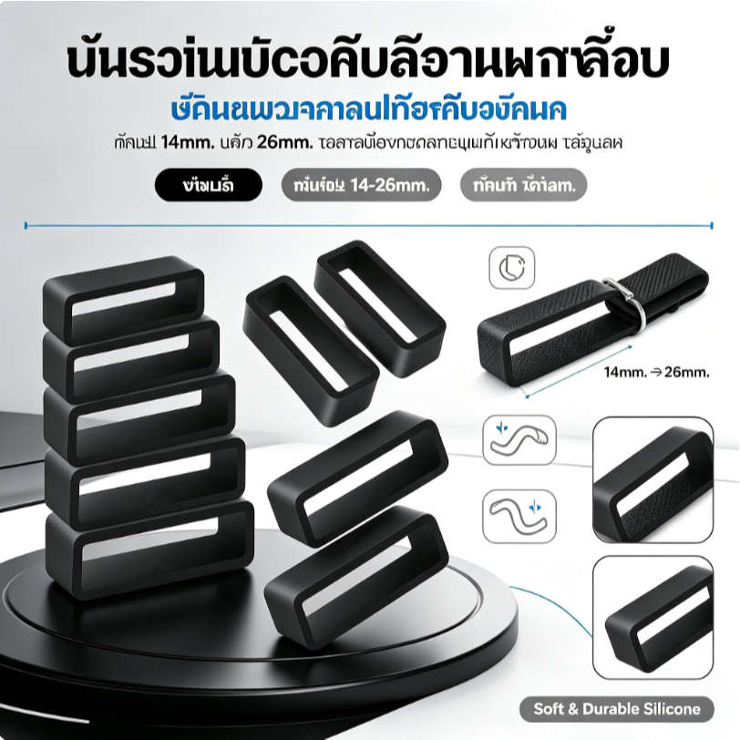 ห่วงซิลิโคนรัดปลายสายนาฬิกา สีดำ ขนาด 14มม. ถึง 26มม. ตัวยึดสายนาฬิกาข้อมือ นุ่ม ทนทาน ส่งไว