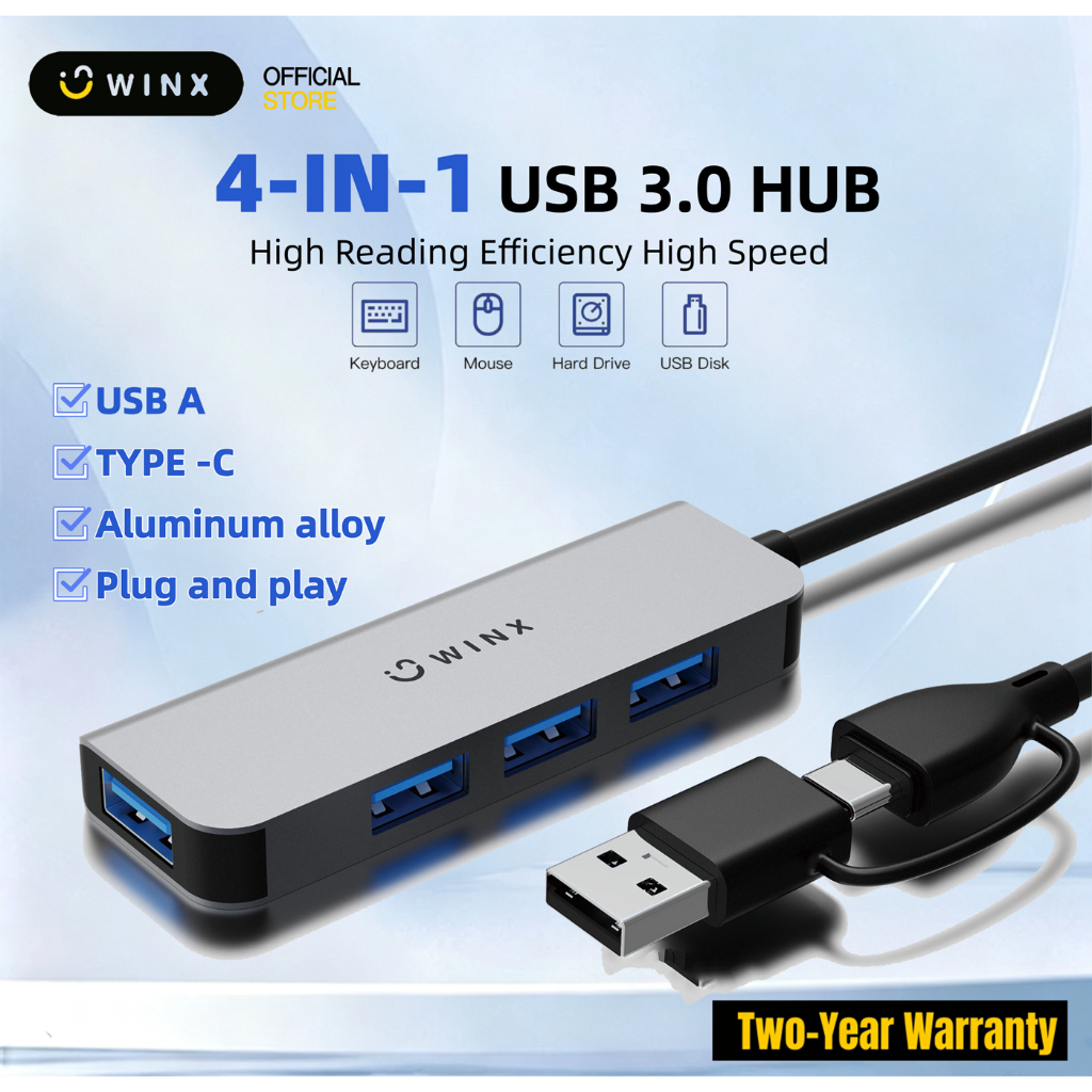 รับประกัน 2 ปี WINX 4-IN-1 USB A/Type C Usb Hub อลูมิเนียมอัลลอยด์ 4 พอร์ต 5Gbps ความเร็วสูง Usb Splitter สําหรับอุปกรณ์เสริมคอมพิวเตอร์ Docking Station