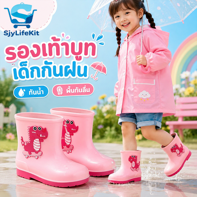 รองเท้าบูทเด็ก กันลื่น เด็กชายและเด็กหญิง บูทกันฝน ลายไดโนเสาร์ กันน้ำ นิ่ม สบาย ข้อสั้น
