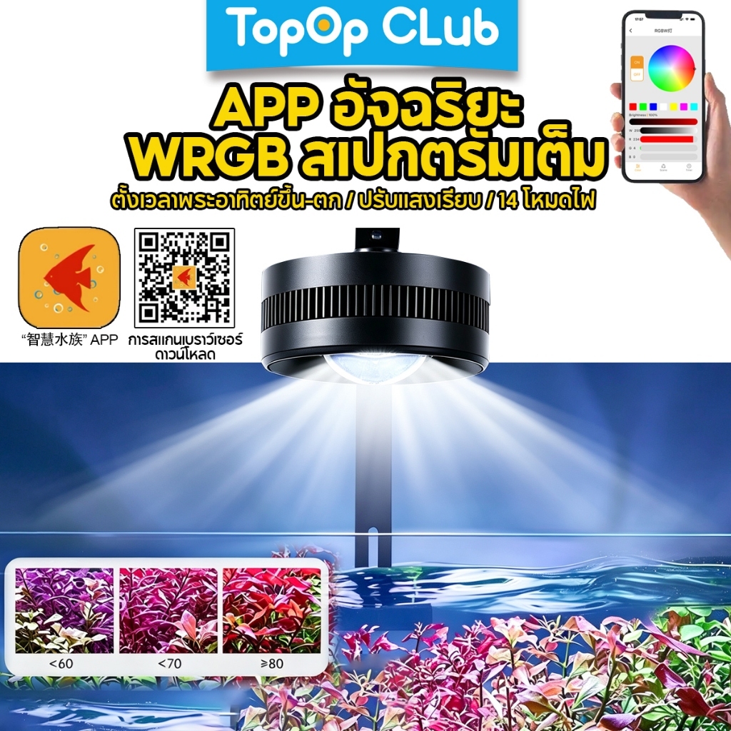 TOPOP CLUB APP สมาร์ทไลท์ Aquarium 50W/100W ควบคุมโหมดแสงแดดและพระอาทิตย์ตก WRGB Ra99 Full Spectrum PLANTS น้ําทะเล