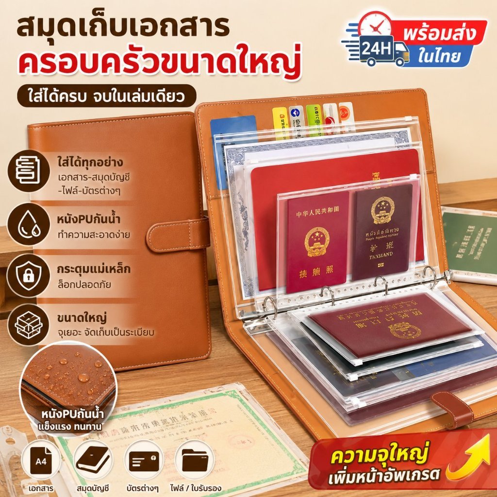 👑ส่งจากไทย🇹🇭👑【สมุดเก็บเอกสารครอบครัวขนาดใหญ่】หนังPUกันน้ำ แข็งแรงทนทาน ใส่ได้ทุกอย่างตั้งแต่เอกสาร-สมุดบัญชี-ไฟล์ กระดุมแม่เหล็กล็อกปลอดภัย