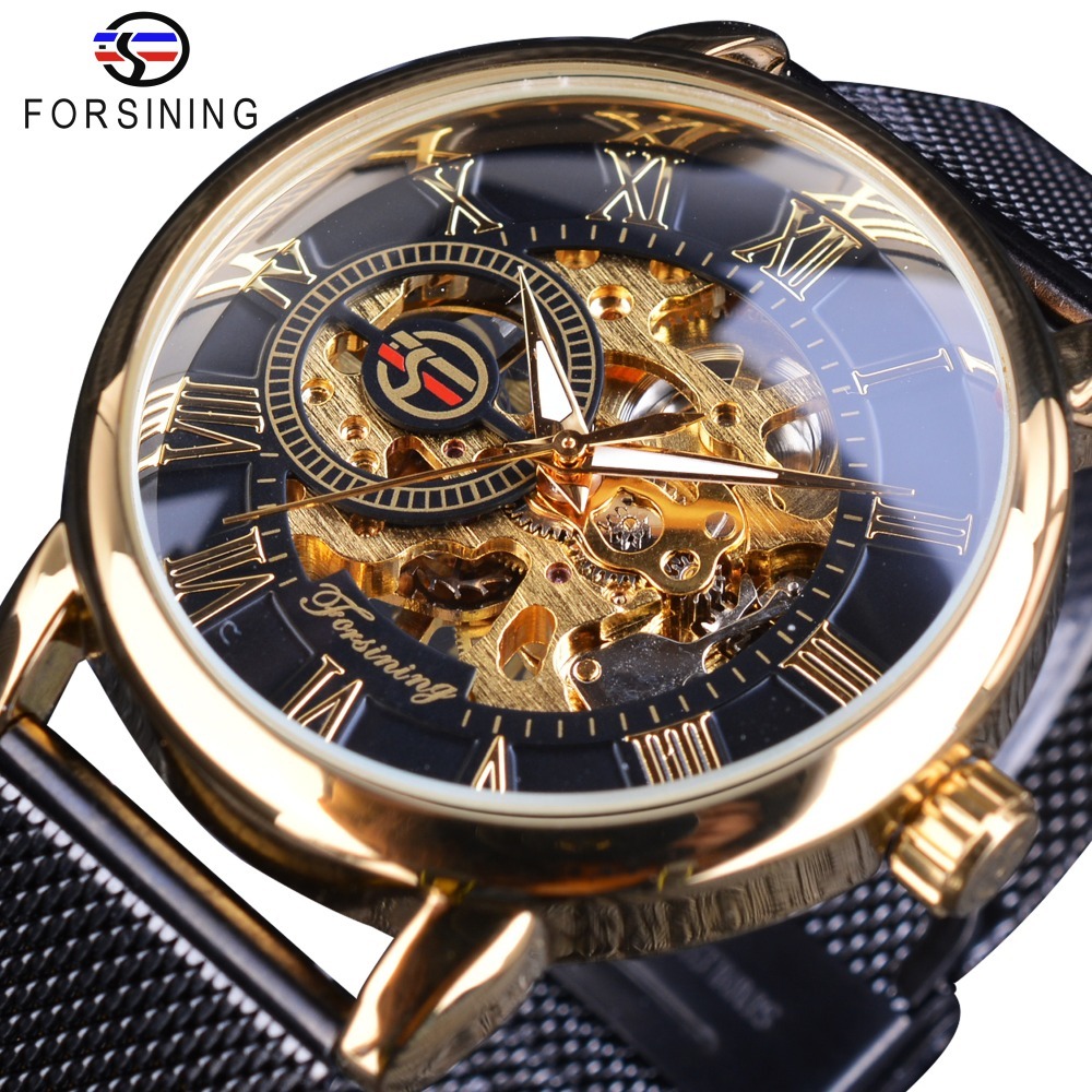 Original Forsining Mens manual mechanical watch ultra-thin จําลองตาข่ายเหล็ก strip Mens casual military sports watch ของขวัญสําหรับผู้ชาย