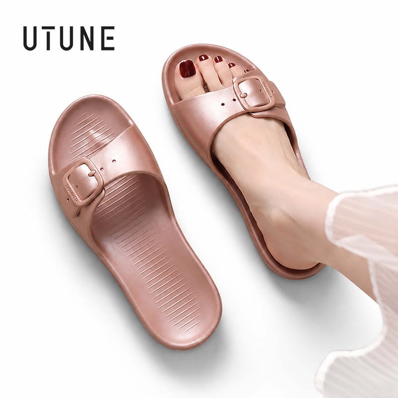 UTUNE รองเท้าแตะผู้หญิงสีโรสโกลด์ ทรงแคบช่วยให้เท้าดูเรียว สายคาดแฟชั่น EVA นุ่ม กันลื่น ใส่สบาย