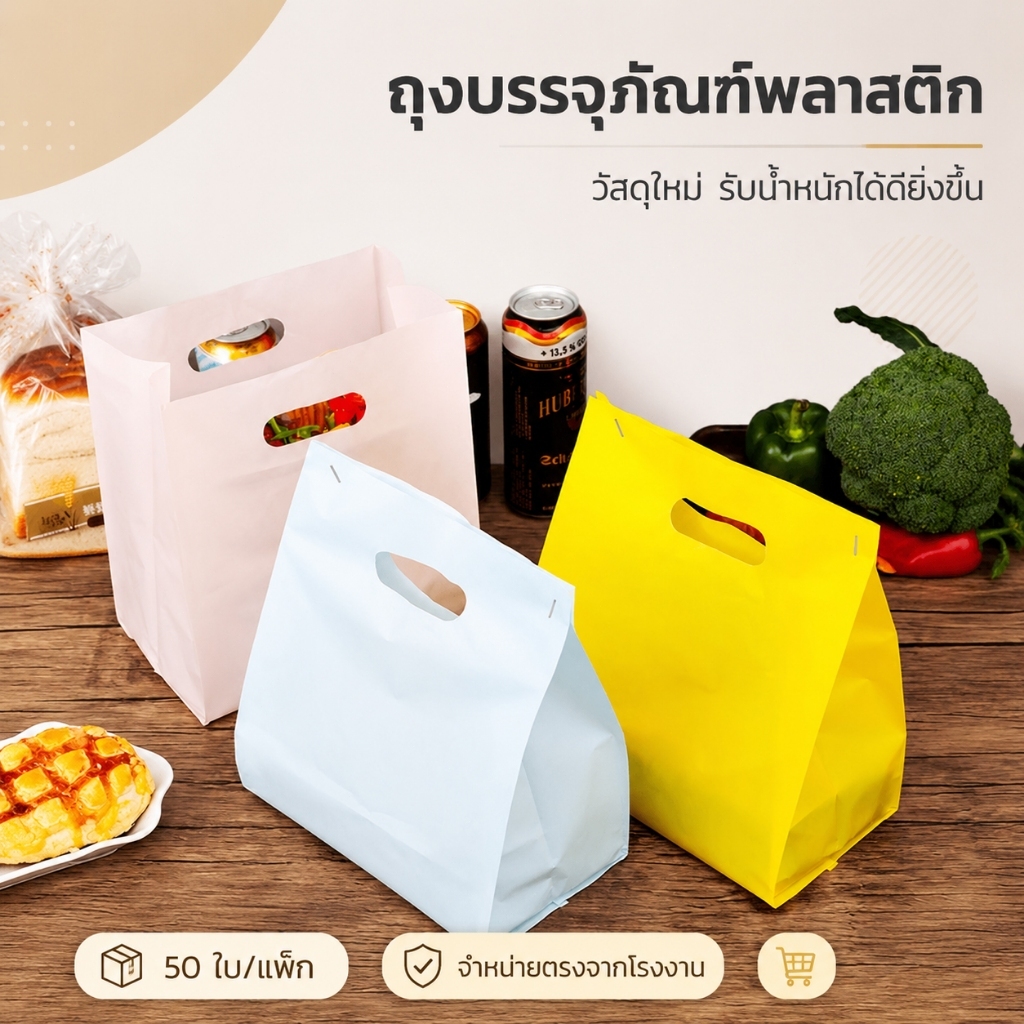 ขายดีมาแรง!ถุงพลาสติกพกพาเจาะรูสีทึบ (สีขาว/เหลือง/ส้ม) มีหลากสีหลายขนาดเกรดอาหารหนาทนทานไม่แตกง่ายเหมาะสําหรับบรรจุเบนโตะขนมปัง ซื้อกลับบ้าน เค้กชานมของขวัญเหมาะสําหรับกา ร้านค้า เบเกอรี่ ร้านอาหาร ซูเปอร์มาร์เก็ต ครัวเรือน ยังเหมาะกับ ข้อเสนอพิเศษขายส่ง