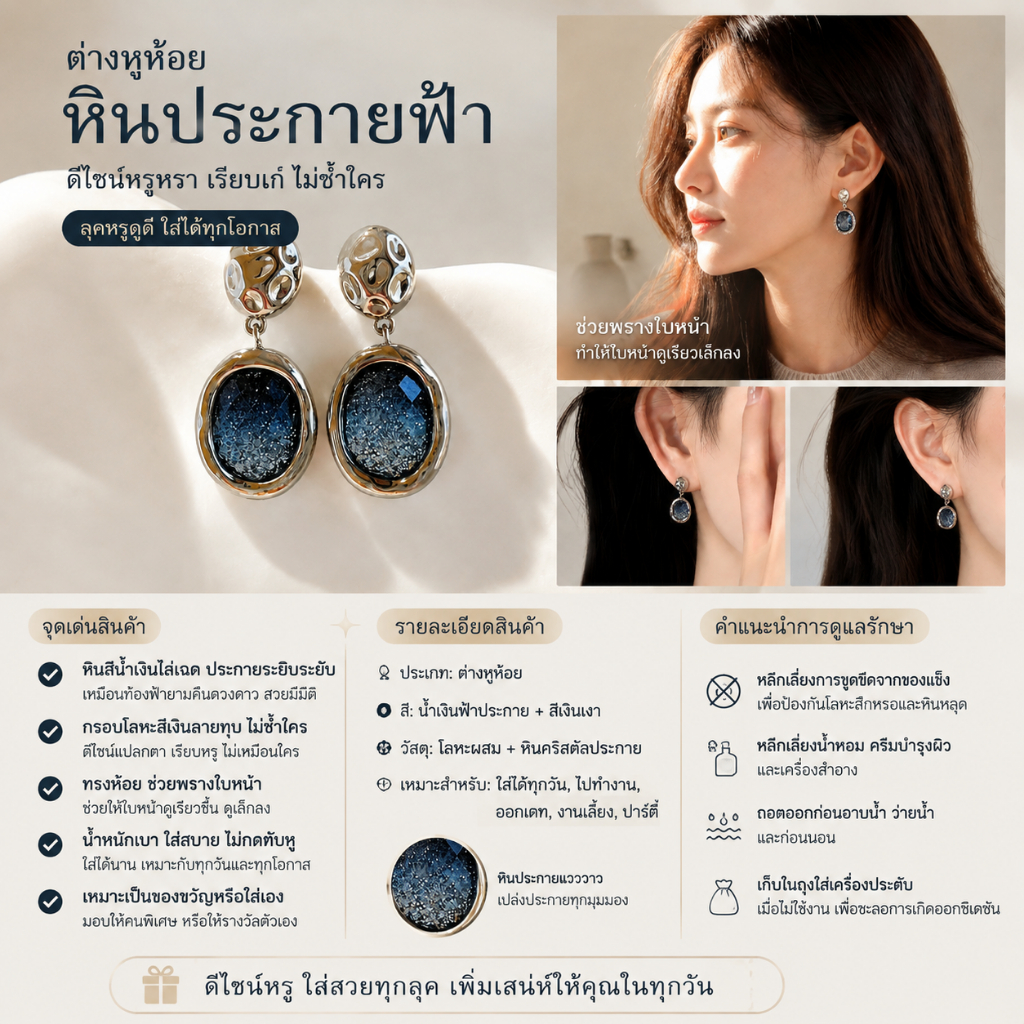 Starry Sky Blue Dangling ต่างหูหรูหรา High-End Design สุภาพสตรี Classy สไตล์ 2026 สไตล์ใหม่