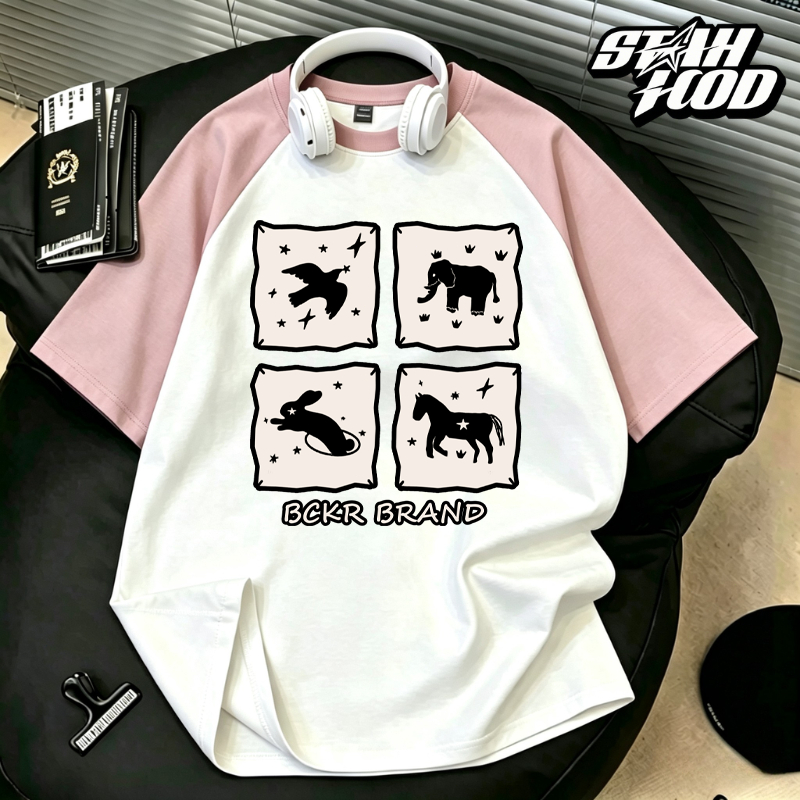 สตาฮุด เกาหลีย้อนยุคผ้าฝ้าย100%ลายสัตว์พิมพ์หลวมเสื้อยืดสุภาพสตรี #YG276
