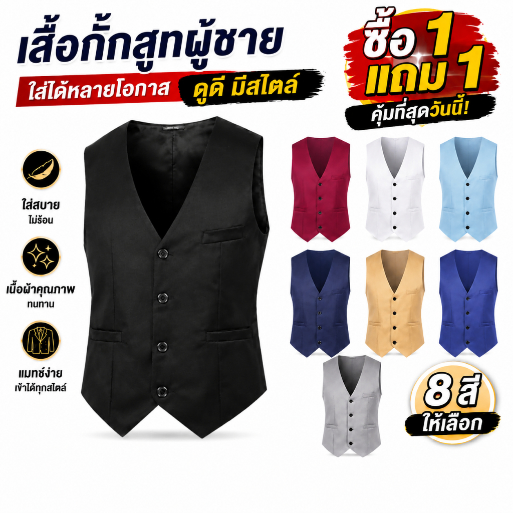 ZITY (ซื้อ 1 แถม 1) เสื้อกั๊กสูทผู้ชาย ทรงเข้ารูป สไตล์ธุรกิจ คอกวี มีหลายสี เหมาะแต่งงาน ทำงาน ออกงานพิธี