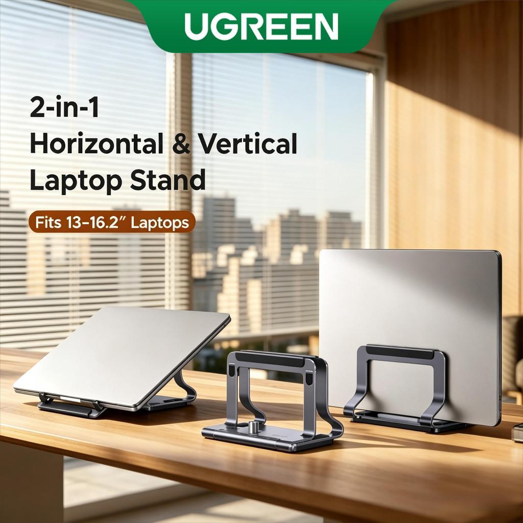 UGREEN ปรับ 2-in-1 ขาตั้งแล็ปท็อปแนวตั้ง Cooling Riser ผู้ถืออลูมิเนียมประหยัดพื้นที่ Storage Dock ใช้งานร่วมกับ MacBook Pro Air 13-17 นิ้วโน้ตบุ๊คทั้งหมด