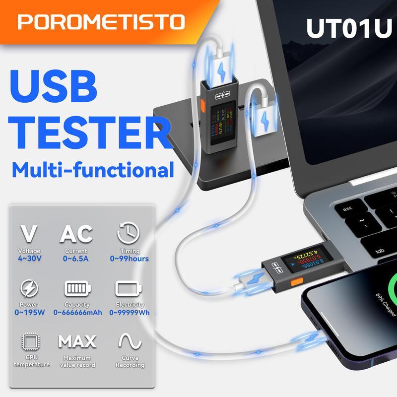 POROMETISTO UT01U เครื่องทดสอบ USB โวลต์มิเตอร์แอมป์มิเตอร์ 4-30V 6.5A แบบเรียลไทม์แรงดันไฟฟ้าปัจจุบัน 6 หลักจอแสดงผล Charger เครื่องทดสอบความจุ