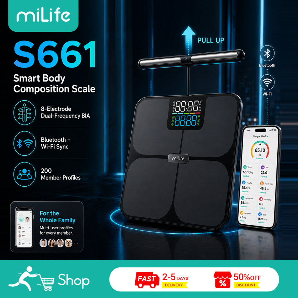 MiLife Smart Body Fat Scale S661 Wi-Fi + Bluetooth 8 Electrodes 56 Body Data Items Max 180kg เครื่องชั่งน้ําหนัก